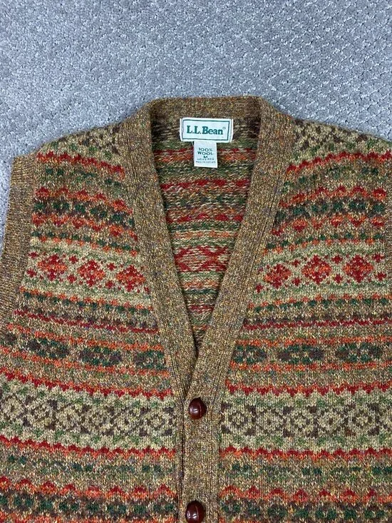 Vintage LL Bean Fair Isle Wool Cardigan Vest Sweater Men's Medium Scotland Brown - Picture 2 of 8